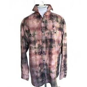 Upcycled Tie-Dye Distressed Plaid Button-Up Long Sleeve | XL